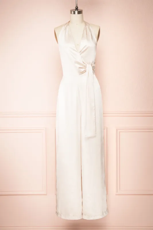 Paige Champagne |  Halter Neck Sleeveless Satin Jumpsuit w/ Belt sold by Boutique 1861