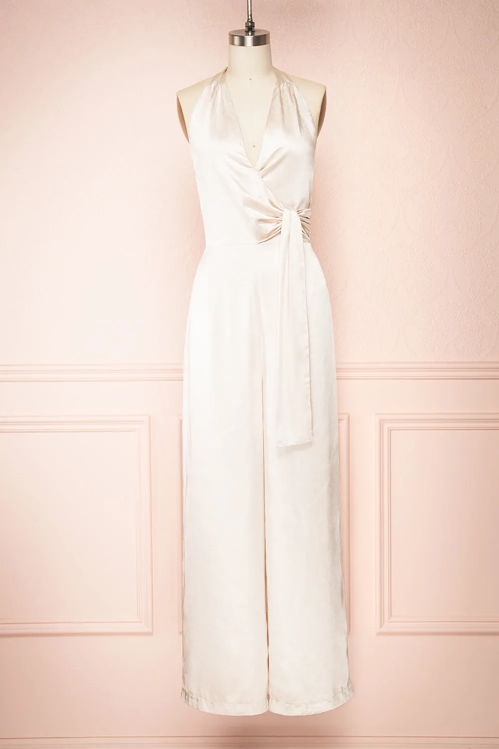 Paige Champagne | Halter Neck Sleeveless Satin Jumpsuit w/ Belt sold by Boutique 1861