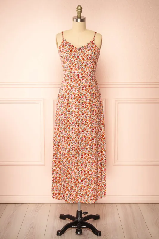 Poinsettia | Colourful Floral Midi Dress w/ Ruffles sold by Boutique 1861