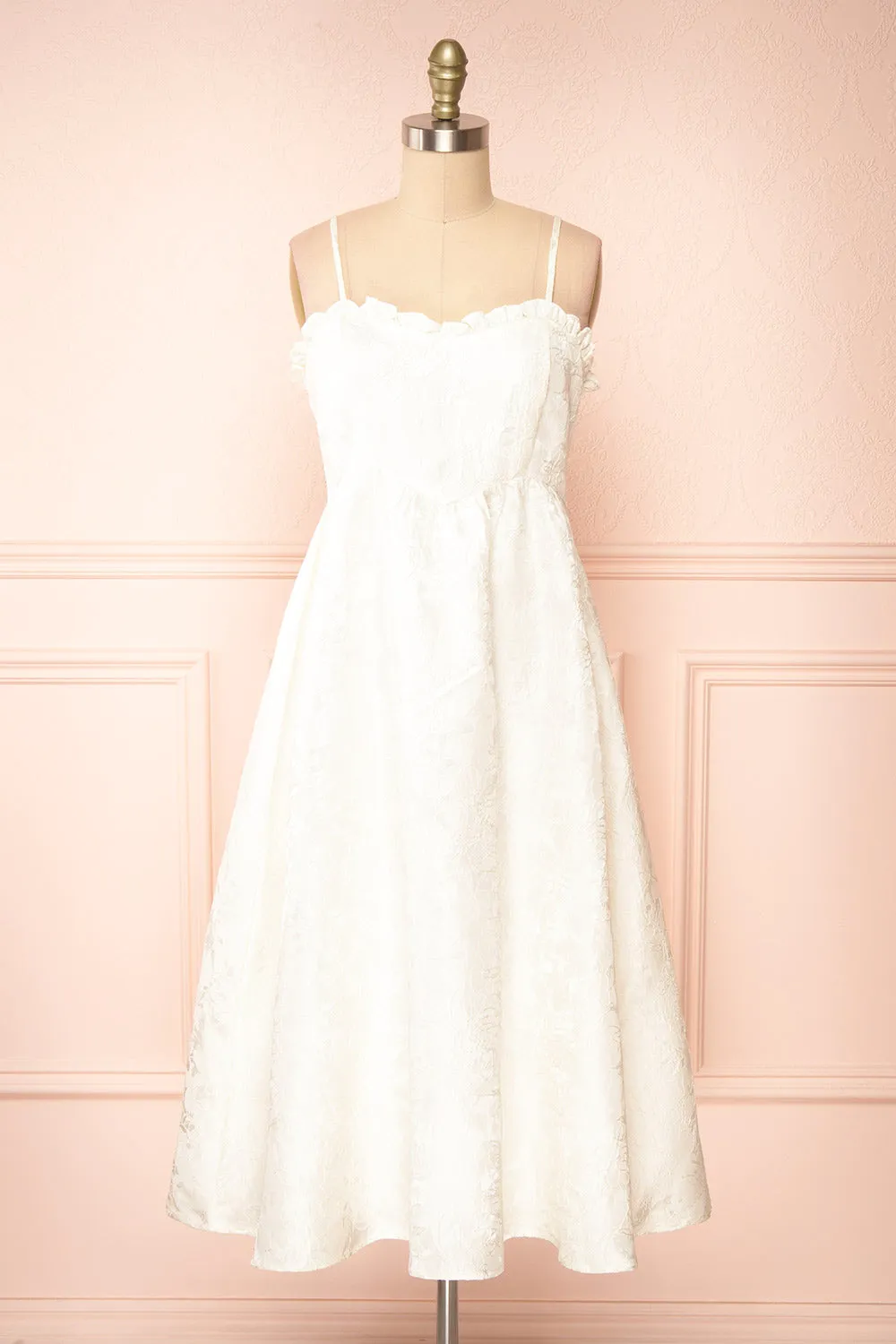 Nezuko | White A-Line Embroidered Bridal Midi Dress sold by Boutique 1861