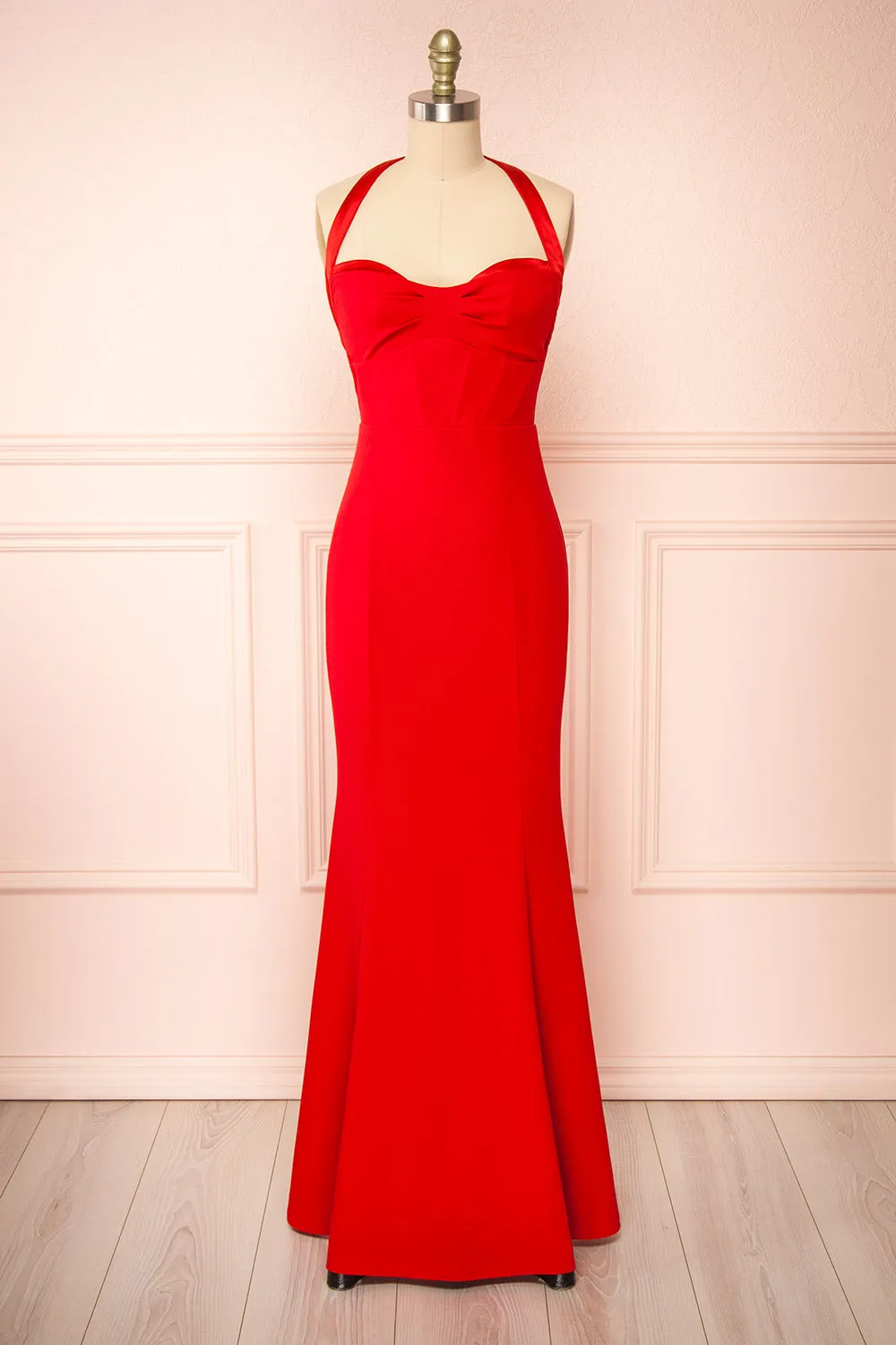Sandra Red | Halter Mermaid Maxi Dress w/ Open Back sold by Boutique 1861