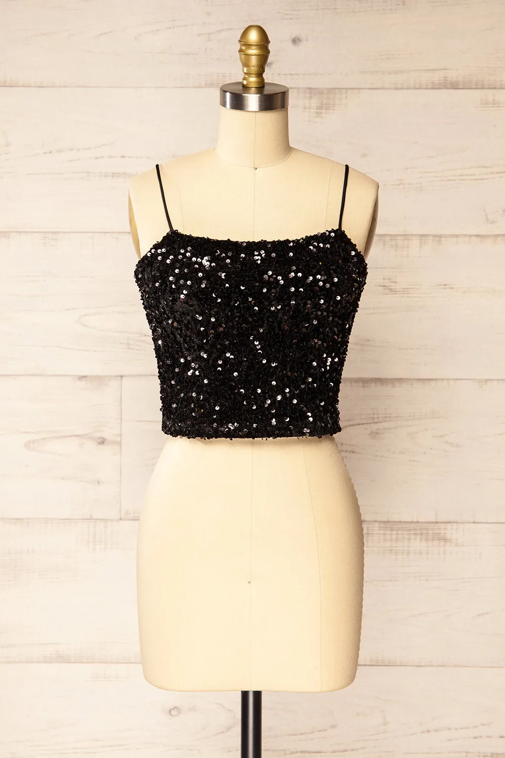 Cavaignac | Black Sequin Crop Top sold by Boutique 1861