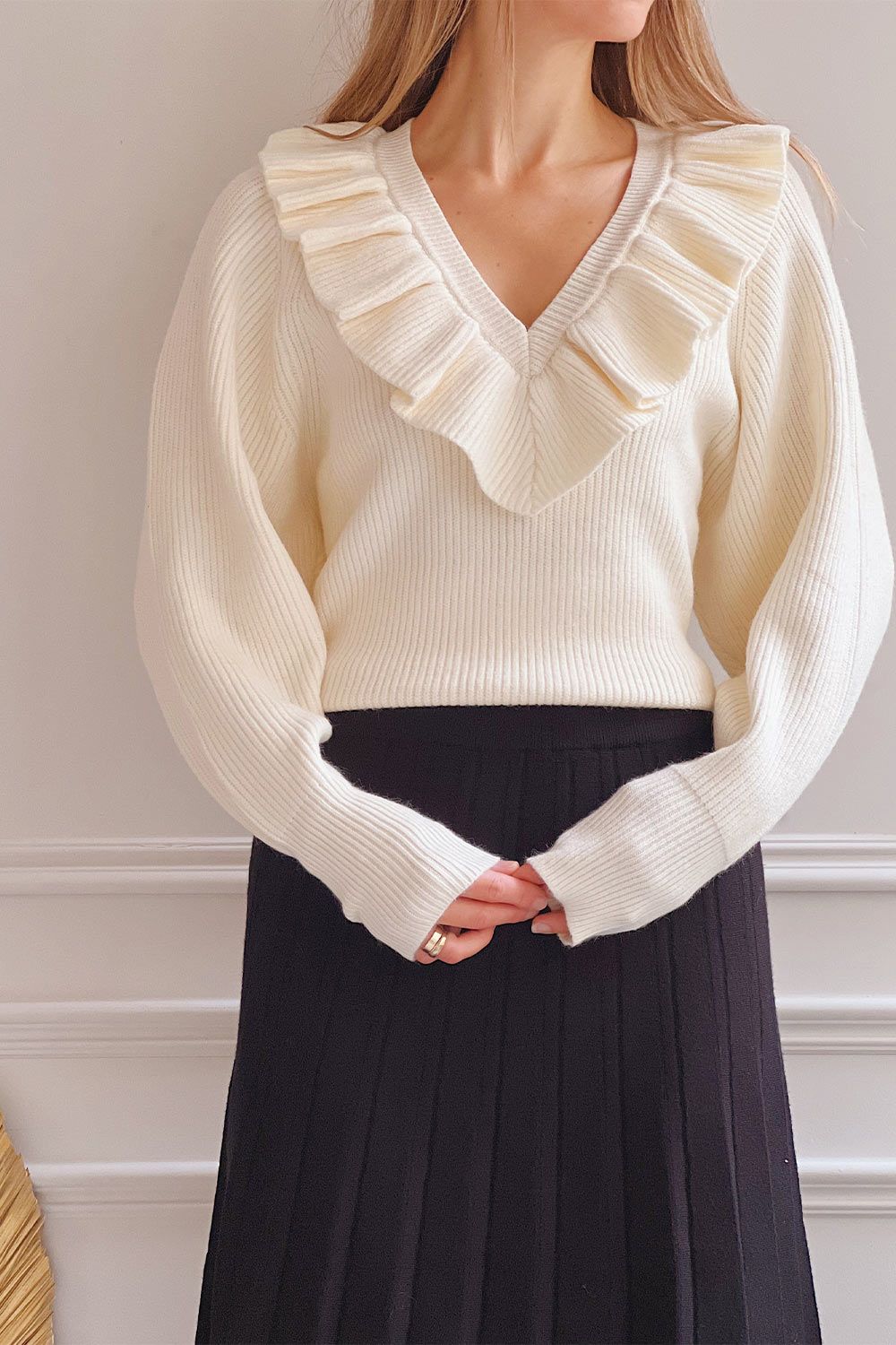 Miaro Ivory | Ruffled V-Neck Knit Sweater sold by Boutique 1861 product image thumbnail 2
