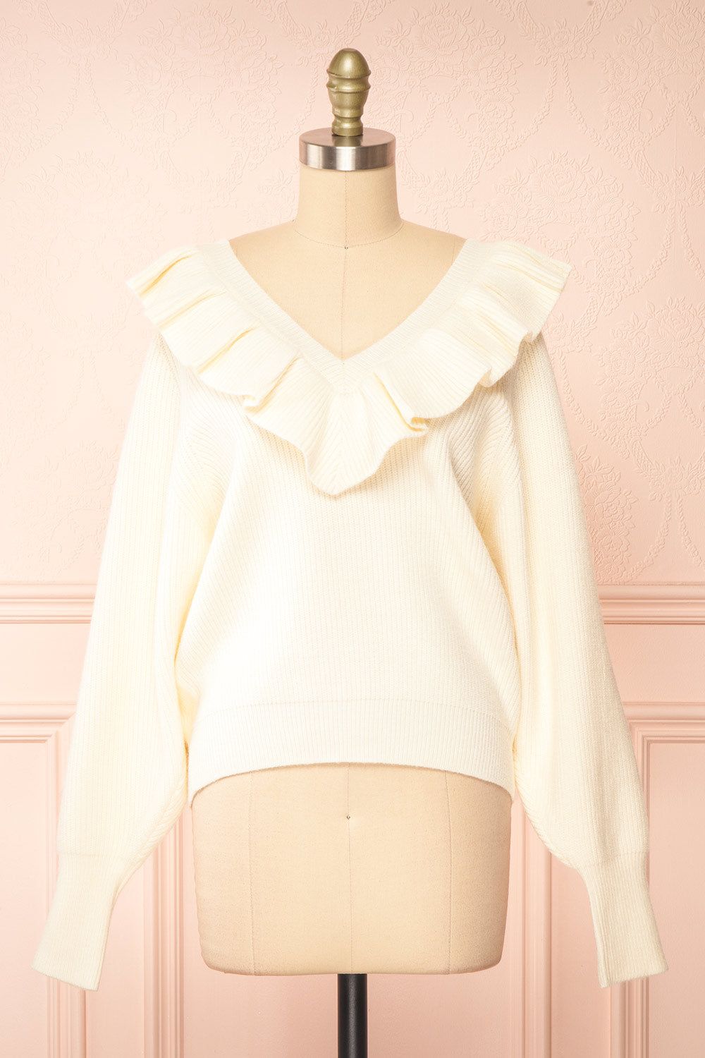 Miaro Ivory | Ruffled V-Neck Knit Sweater sold by Boutique 1861