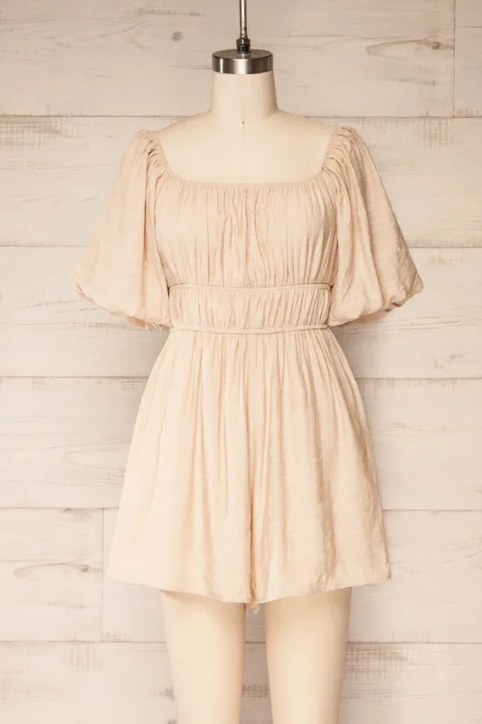 Damascus Beige | Short Romper w/ Puffy Sleeves sold by Boutique 1861