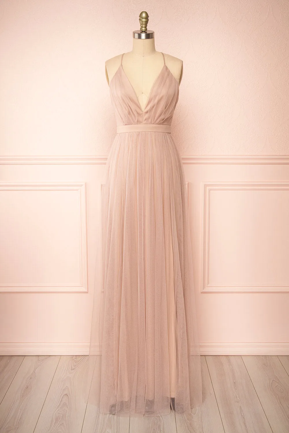 Ilaria Taupe | Tulle Gown with Plunging Neckline sold by Boutique 1861