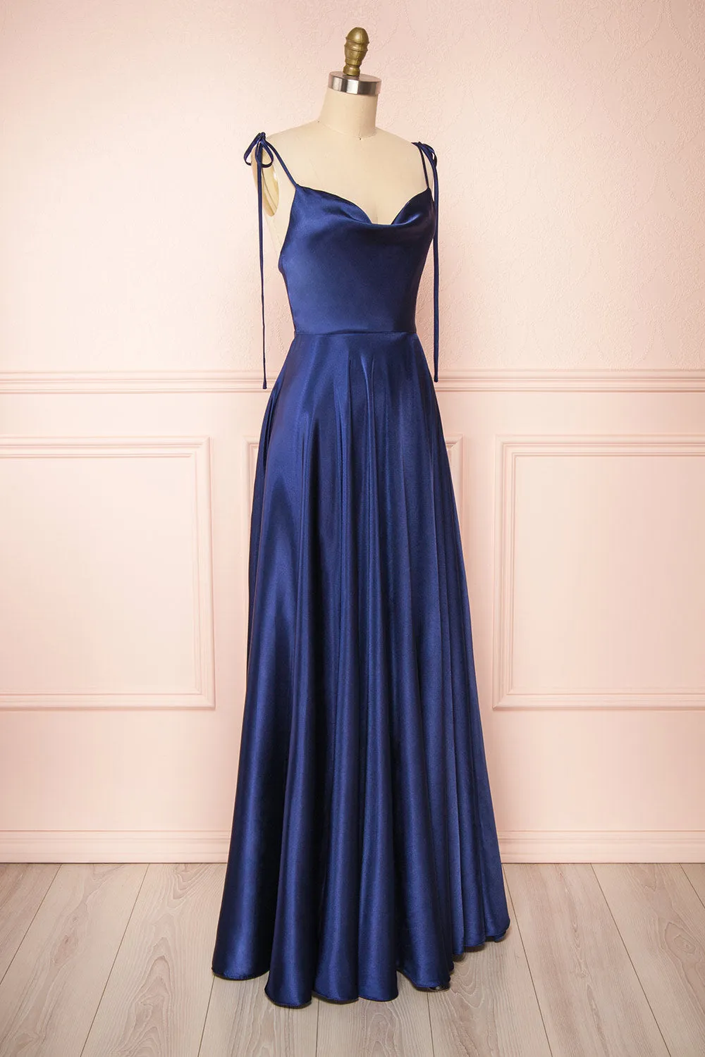 Moira Navy | Cowl Neck Satin Maxi Dress w/ High Slit sold by Boutique 1861 product image thumbnail 5