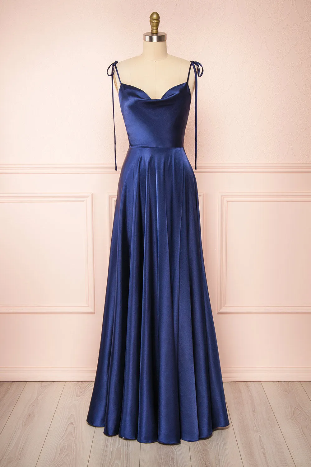 Moira Navy | Cowl Neck Satin Maxi Dress w/ High Slit sold by Boutique 1861