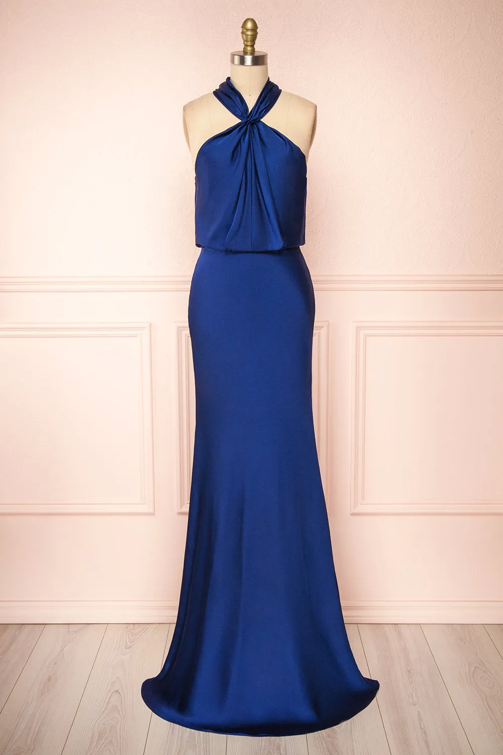 Jinny Navy | Satin Halter Maxi Dress sold by Boutique 1861