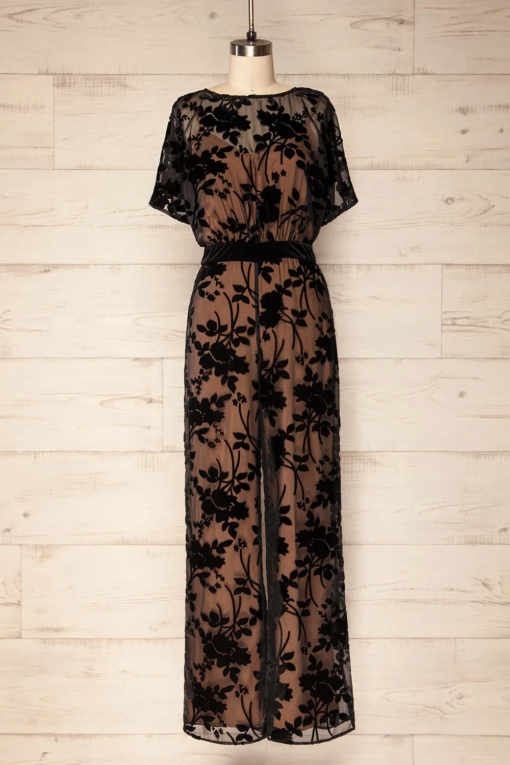 Charleroi | Beige Jumpsuit w/ Black Floral Overlay sold by Boutique 1861