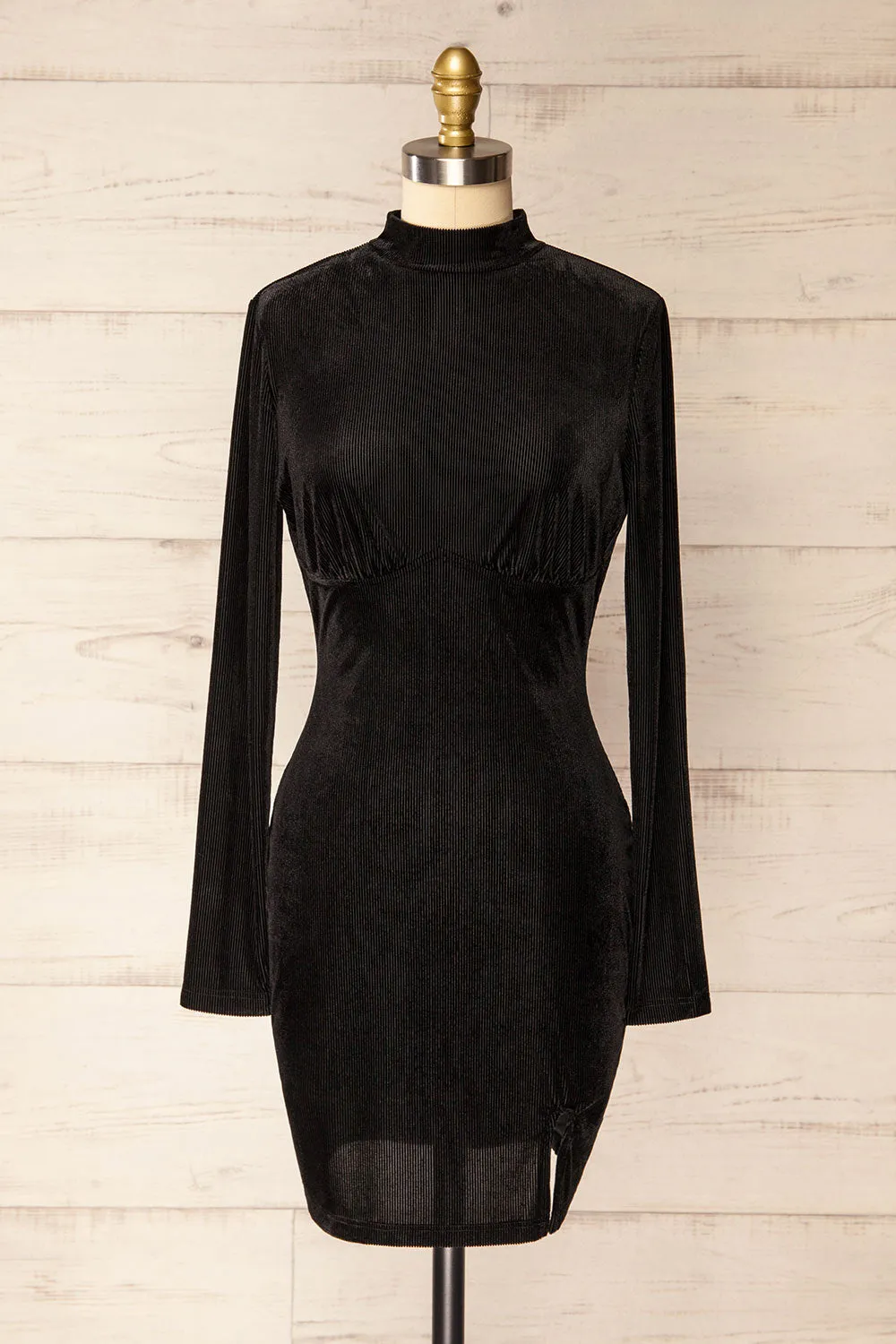 Olmeto | Black Velvet Dress w/ High Collar sold by Boutique 1861