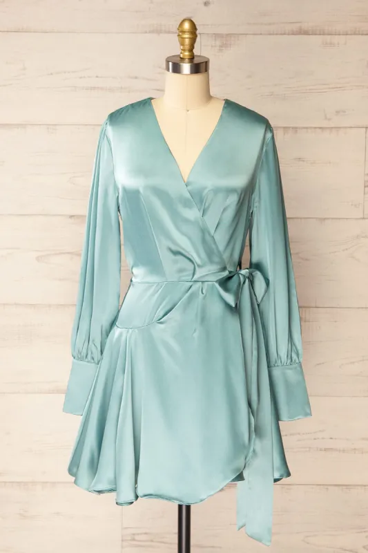 Warrington | Blue Green Satin Wrap Dress sold by Boutique 1861