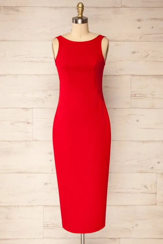 Kovna Red | Fitted Midi Dress w/ Open Back sold by Boutique 1861