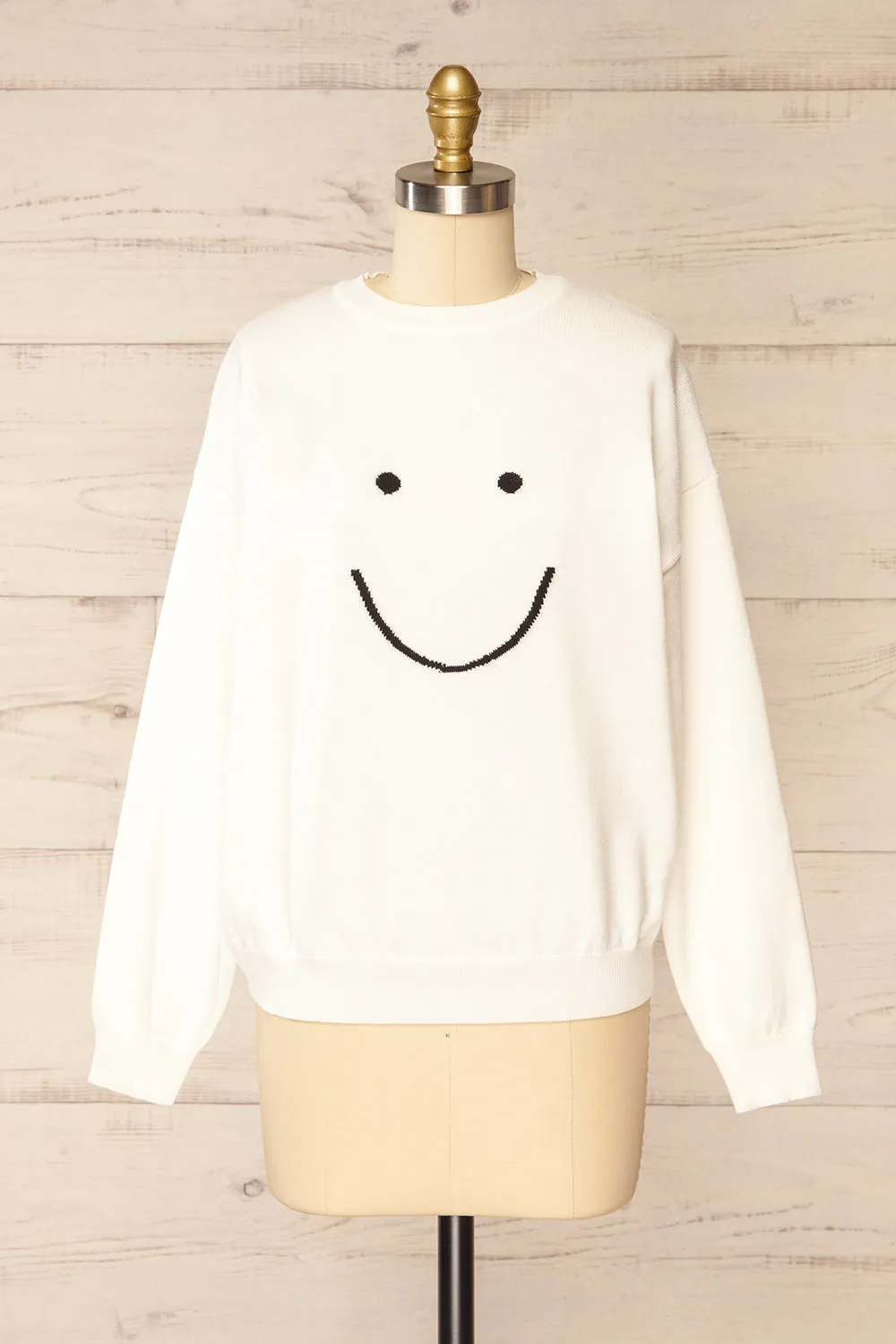 Happie | White Knit Crewneck w/ Smiley Face sold by Boutique 1861