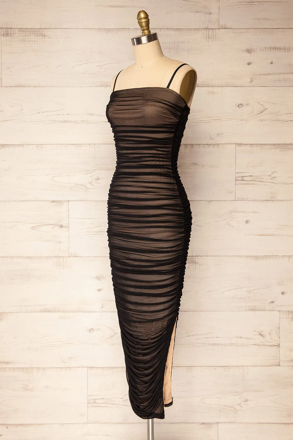 Yurtof Black-Beige | Fitted Ruched Midi Dress sold by Boutique 1861 product image thumbnail 3