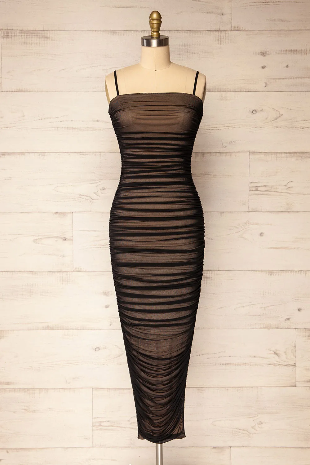 Yurtof Black-Beige | Fitted Ruched Midi Dress sold by Boutique 1861