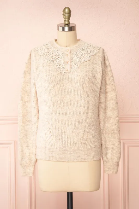 Reagan Beige | Buttoned Collar Sweater w/ Lace sold by Boutique 1861
