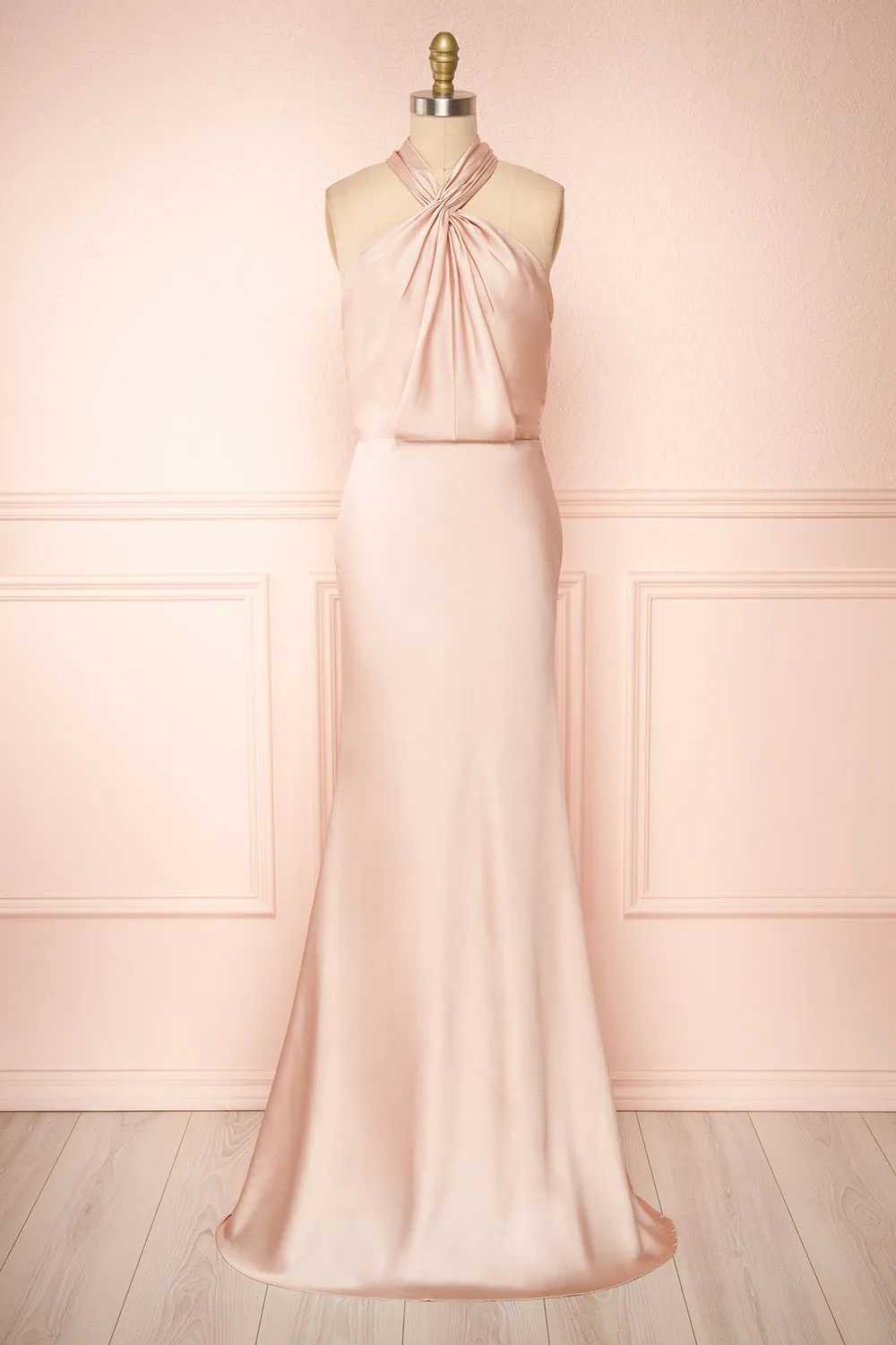 Jinny Champagne | Satin Halter Maxi Dress sold by Boutique 1861