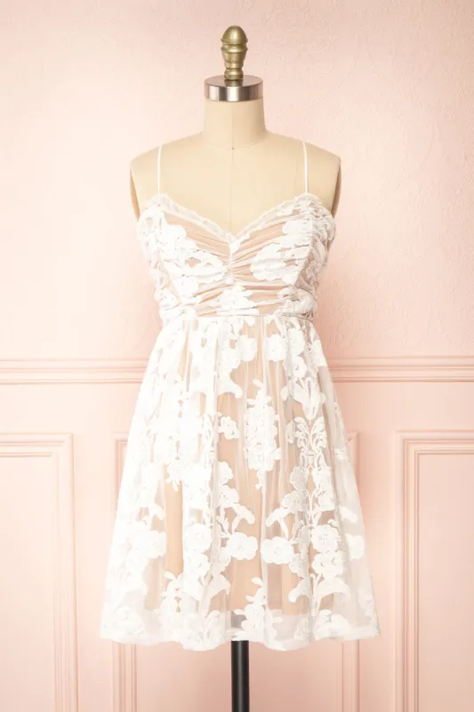 Ganna | Short White Mesh Dress w/ Floral Embroidery sold by Boutique 1861