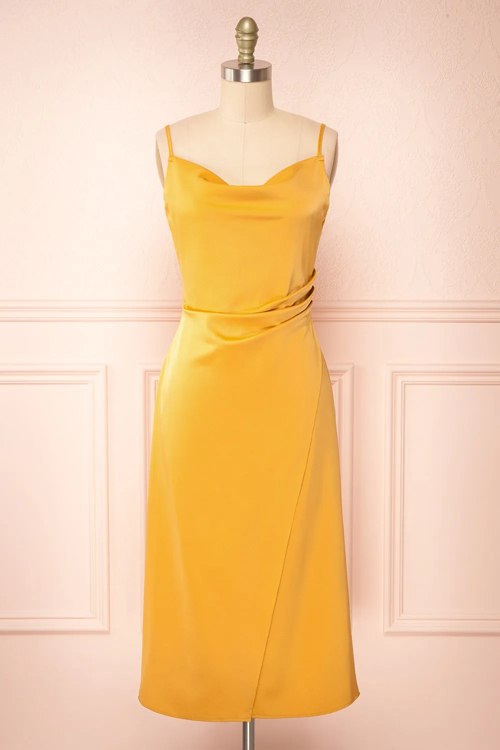 Chloe Yellow | Cowl Neck Satin Midi Slip Dress sold by Boutique 1861