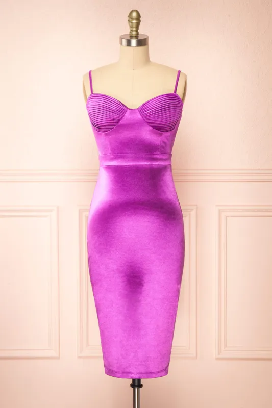 Elderia Purple | Fitted Satin Midi Dress sold by Boutique 1861
