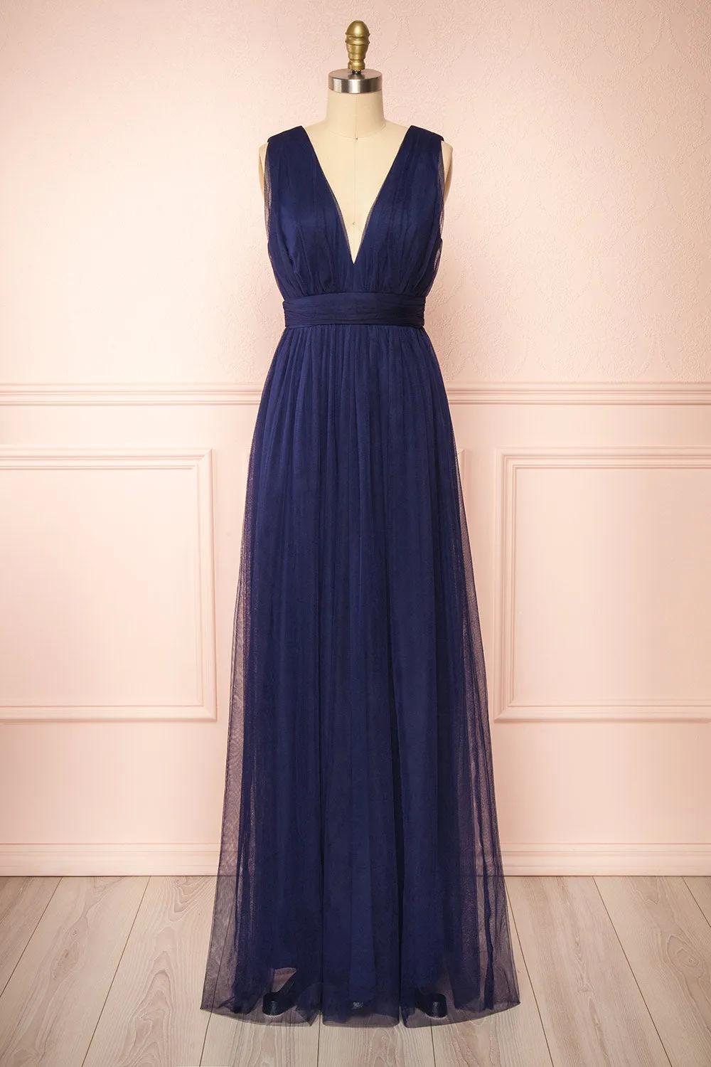 Samina Navy | Tulle Maxi Dress with Plunging Neckline sold by Boutique 1861