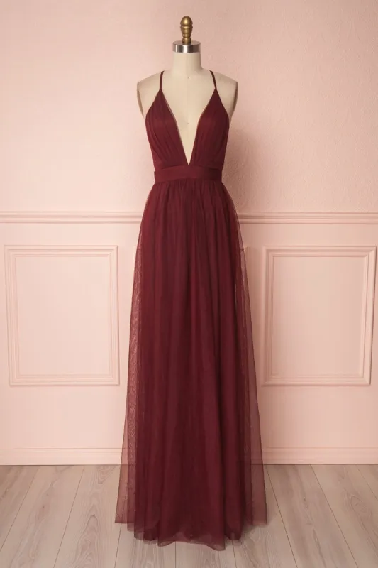 Aliki Wine | Backless Mesh Maxi Dress sold by Boutique 1861