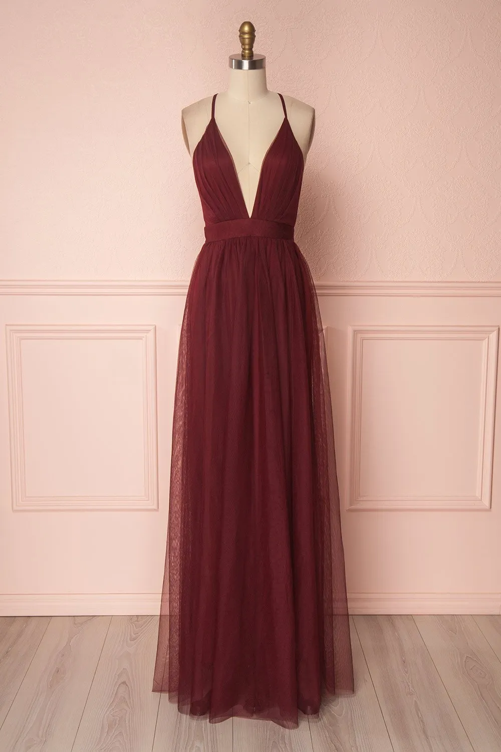 Aliki Wine | Backless Mesh Maxi Dress sold by Boutique 1861
