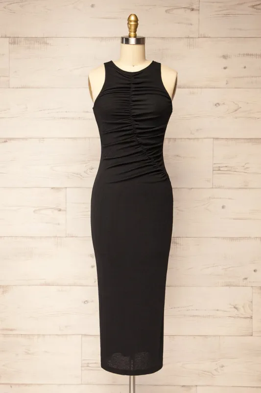 Reynosa | Asymmetrical Black Midi Dress sold by Boutique 1861