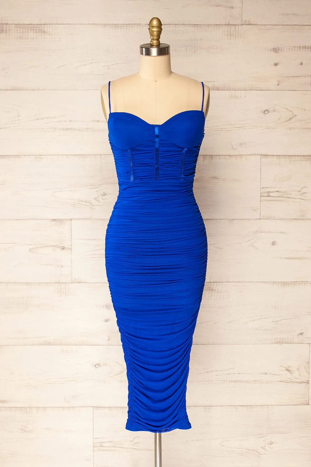 Venise Blue | Fitted Ruched Midi Dress w/ Bustier Bodice sold by Boutique 1861