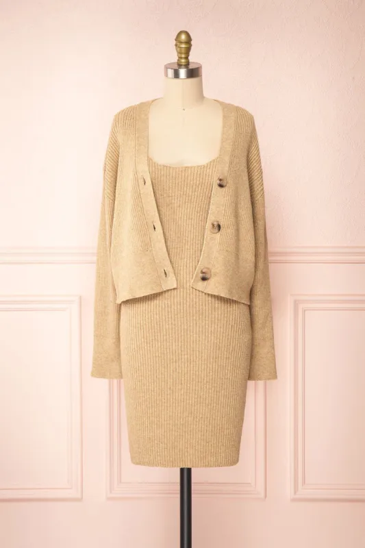 Set Cilia Beige | Knitted Cardigan & Fitted Dress sold by Boutique 1861