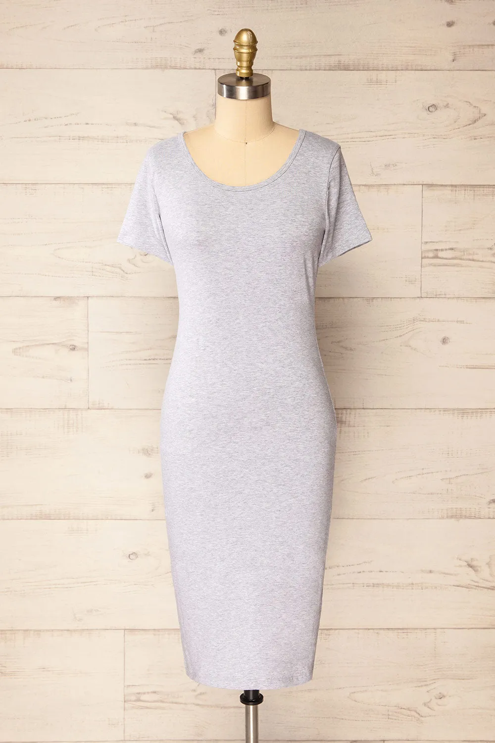 Athens Grey | Short Sleeve Fitted Midi Dress sold by Boutique 1861