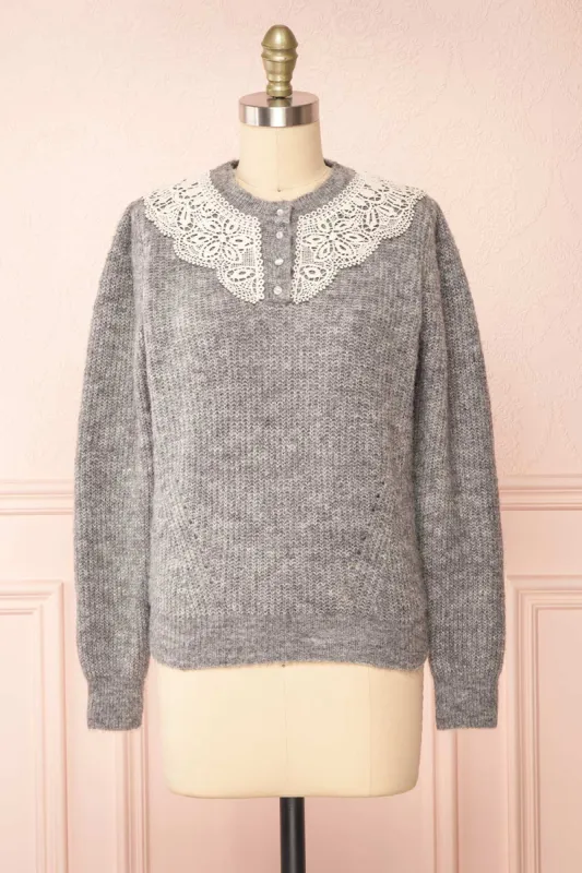 Reagan Grey | Buttoned Collar Sweater w/ Lace sold by Boutique 1861