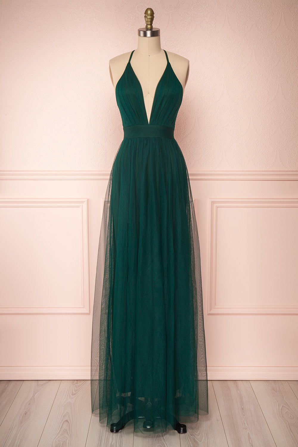 Aliki Green | Plunging Neckline Mesh Maxi Dress sold by Boutique 1861