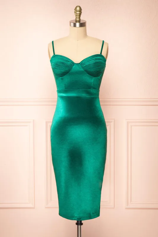 Elderia Green | Fitted Satin Midi Dress sold by Boutique 1861