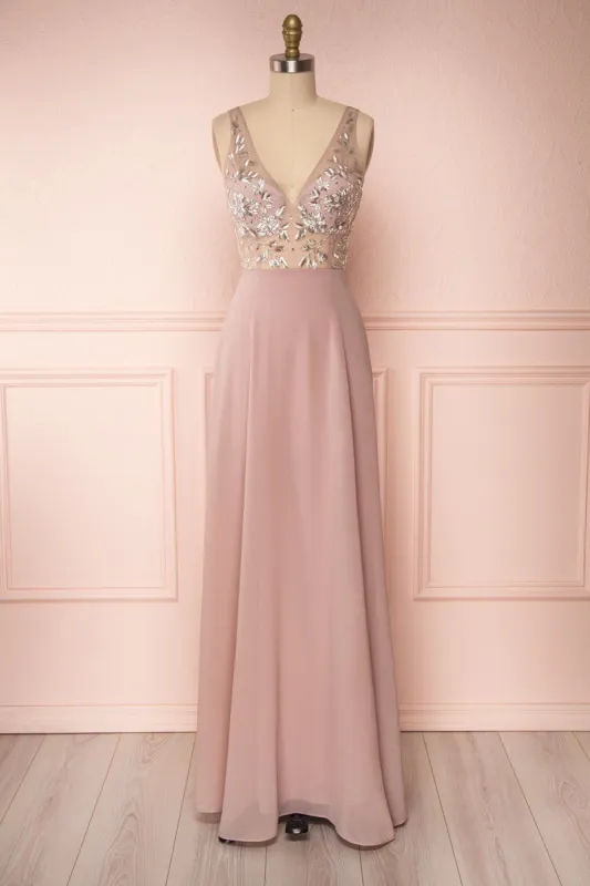Esther Taupe | Maxi Prom Dress with Slit sold by Boutique 1861