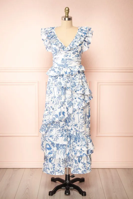 Cressida | White & Blue Patterned Midi Dress sold by Boutique 1861