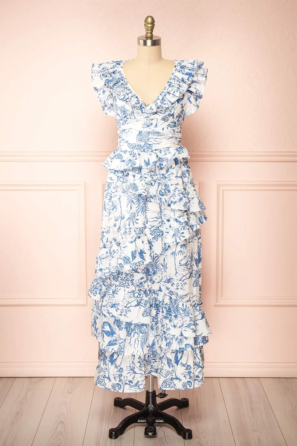 Cressida | White & Blue Patterned Midi Dress sold by Boutique 1861
