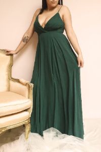 Aelis Green | Pleated Plunging V-Neckline Gown sold by Boutique 1861