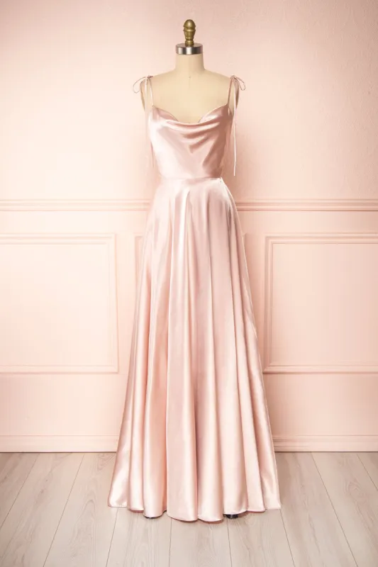 Moira Blush | Cowl Neck Satin Maxi Dress w/ High Slit sold by Boutique 1861