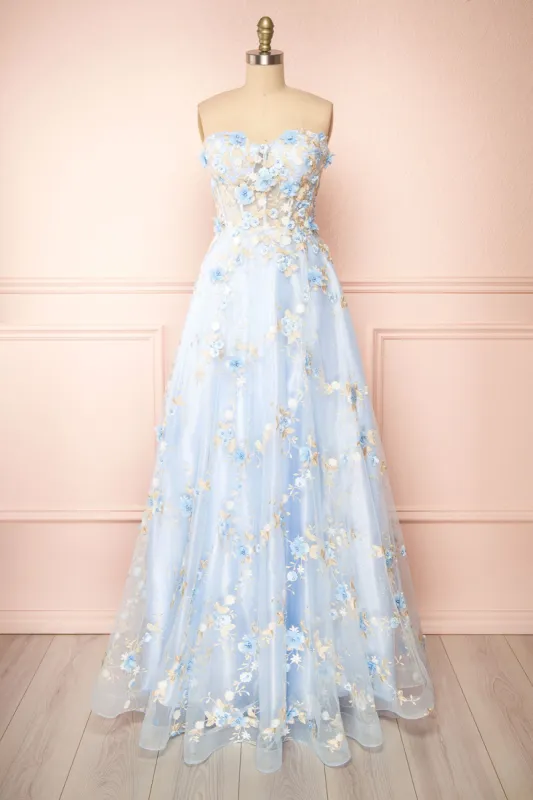 Menina | Blue Maxi Gown w/ Floral Appliqué sold by Boutique 1861