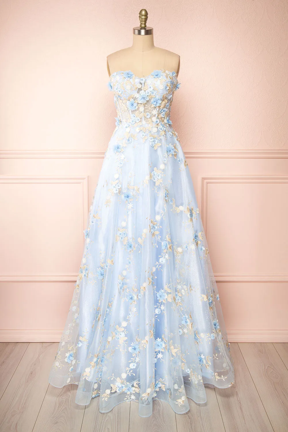 Menina | Blue Maxi Gown w/ Floral Appliqué sold by Boutique 1861