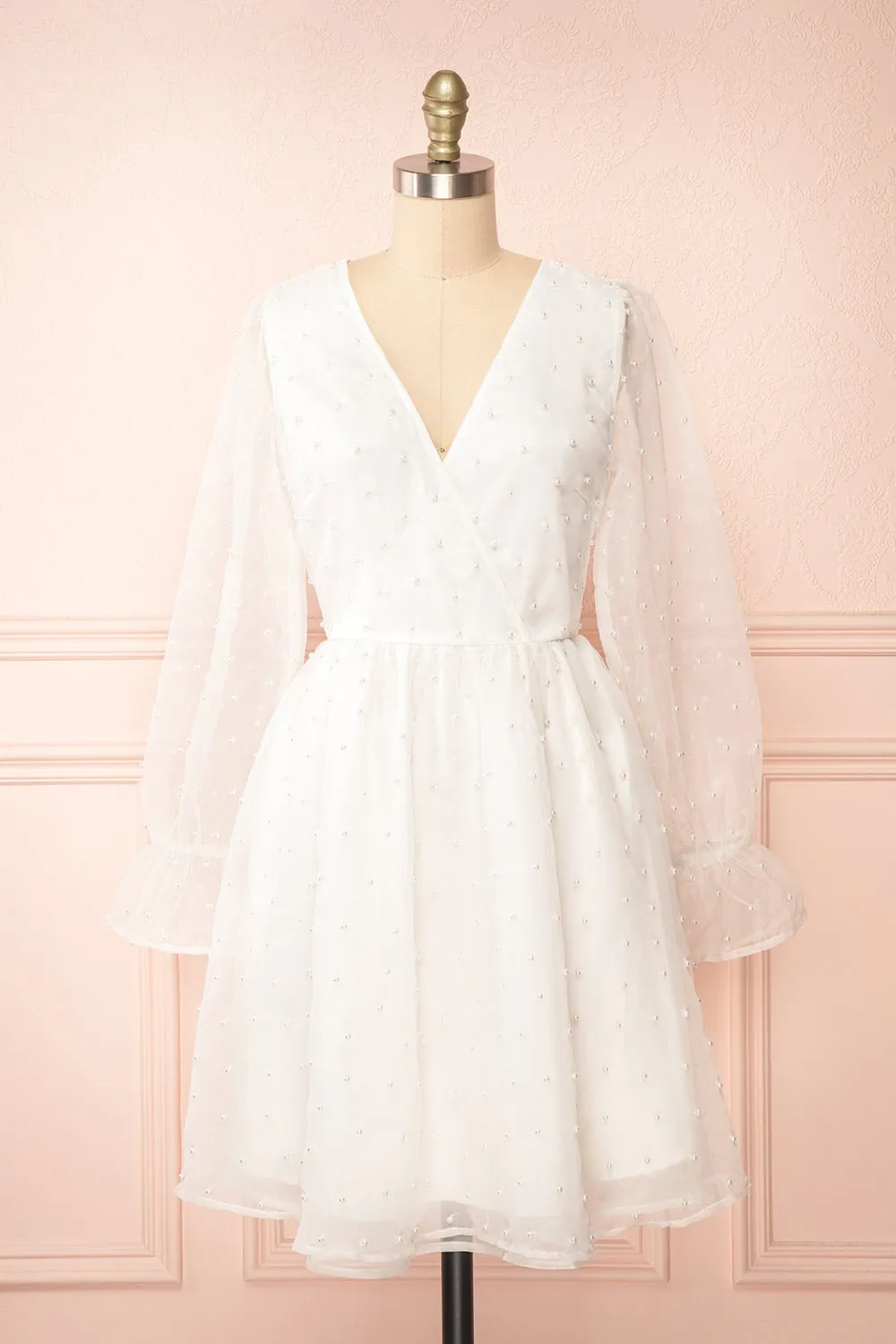 Darlene | Short White A-Line Dress w/ Pearls sold by Boutique 1861
