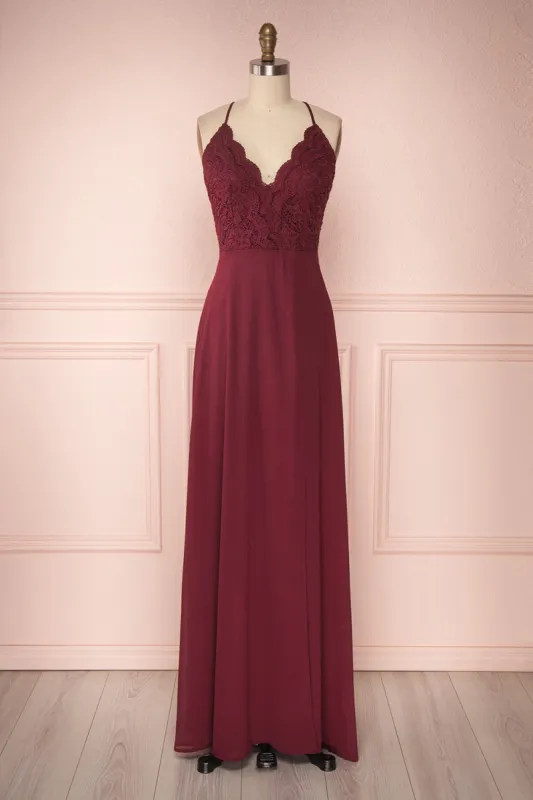 Fabia Burgundy | Lace & Chiffon Maxi Dress sold by Boutique 1861