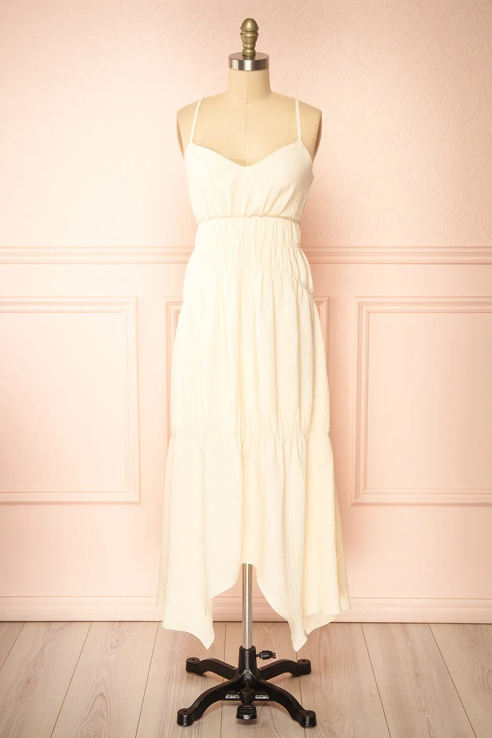 Laurelou | Ruched Cream Midi Dress w/ Thin Straps sold by Boutique 1861