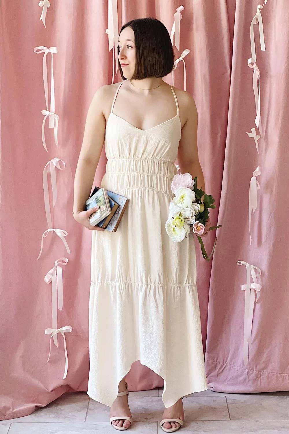 Laurelou | Ruched Cream Midi Dress w/ Thin Straps sold by Boutique 1861 product image thumbnail 2