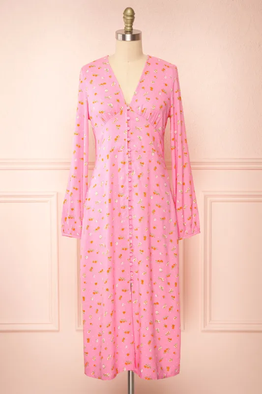 Netra Pink | Long Sleeve Floral Midi Dress sold by Boutique 1861