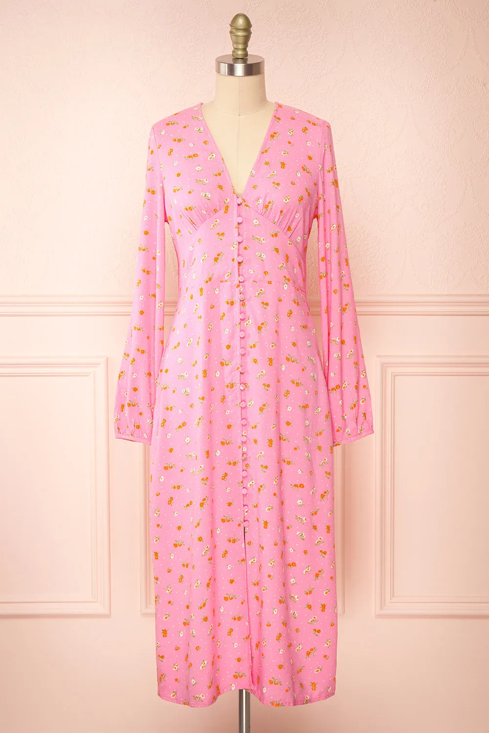 Netra Pink | Long Sleeve Floral Midi Dress sold by Boutique 1861