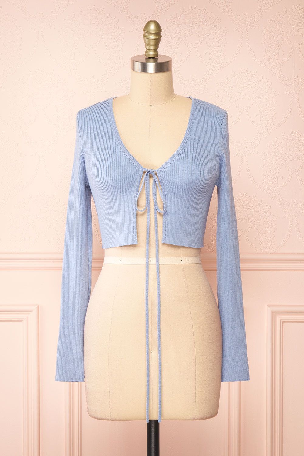Sorcha | Blue Ribbed Cropped Cardigan w/ Front Tie sold by Boutique 1861