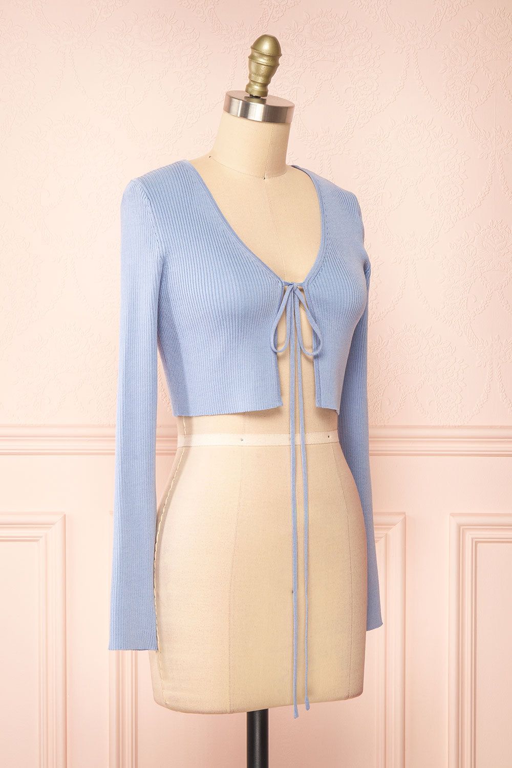 Sorcha | Blue Ribbed Cropped Cardigan w/ Front Tie sold by Boutique 1861 product image thumbnail 3